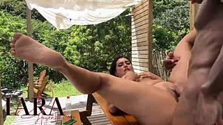 Latina beauty with natural curves bangs BBC outdoors in sheer outfit