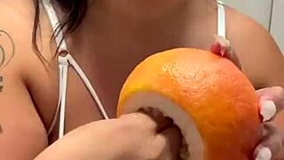 Yo, fruit play is wild fun with this curvy babe! 🍎