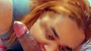 Trans Blowjob Queen Chokes on Huge 27cm Cock and Takes Facial