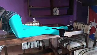 Hey, check this milf with sexy legs in pantyhose on the table!