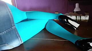 Hey, check this milf with sexy legs in pantyhose on the table!