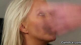 kinky stunner gets sperm shot on her face sucking all the cum