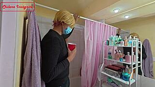 I am continuing the fiesta in the bathroom, riding cowgirl with cum on tits