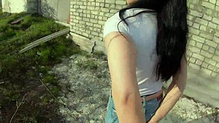 Risky pov blowjob behind garages with huge cock