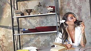 Nerd student monika fox squirts big prolapse while doing homework