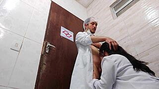 brazilian nurse with asian doctor in hospital bathroom