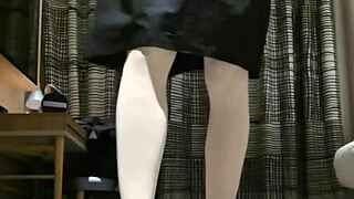 yo, tranny femboy jerks off in black dress with massive load