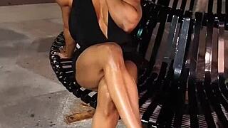 erotic muscle babe shows off hot body at gym. her strength turns heads everywhere.