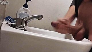 Resting balls on sink, prepping cock for huge cumshot!