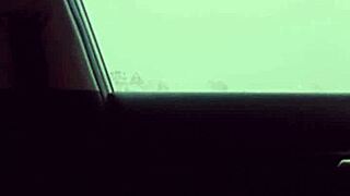 Skinny girl with small waist dances on big black cock outside in car