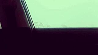 Skinny girl with small waist dances on big black cock outside in car