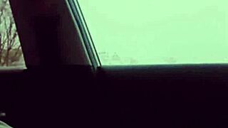 Skinny girl with small waist dances on big black cock outside in car