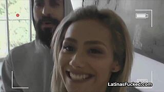 busty latina blonde fucked hard in white lingerie with stockings