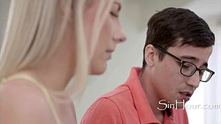 Piano tutor teases student with big boobs during lesson.