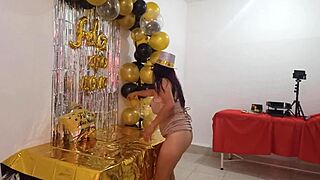 Beautiful lady throws last New Year's Eve party in VIP whore dress, showing big pussy.