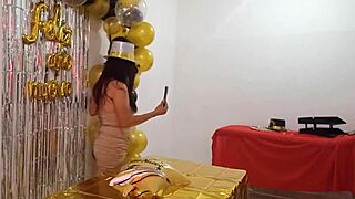 Beautiful lady throws last New Year's Eve party in VIP whore dress, showing big pussy.