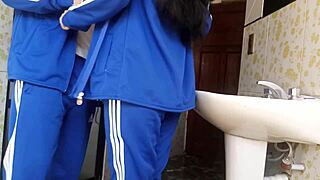 Intense latina teen quickie in school bathroom