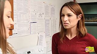 Spicy Brunette Secretaries Rush to Kitchen for Lesbian Fingering and Licking