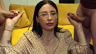 Nerdy cute girlfriend bends over to take our massive cocks in wild college threesome