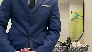 hot daddy jerks off and busts thick load in public toilet