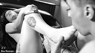 threesome foot sex with blonde and brunette slaves gagging on cock while licking wet pussy... so intense