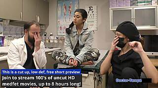 Dr Tampa examines nurse Jasmine Rose with latex gloves in hospital physical at Tampa University