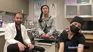 Dr Tampa examines nurse Jasmine Rose with latex gloves in hospital physical at Tampa University