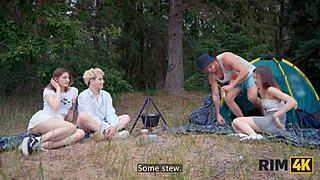 Two Russian Teens Shyly Lick Asses in Outdoor Camping Foursome