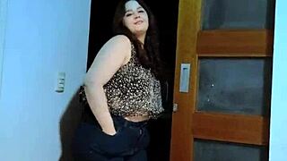 Cute chubby girl teases with striptease, showing big ass and hairy pussy, then rides your cock in her bedroom.