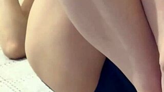 Japanese wife with short hair spreads legs in bedroom showing soaking wet pussy under underwear