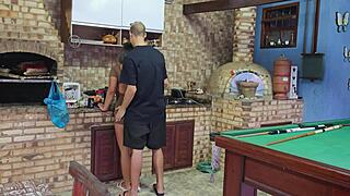 Wife hooks up with husband's friend while he's away, blending amateur passion and Brazilian flair in homemade gaping action