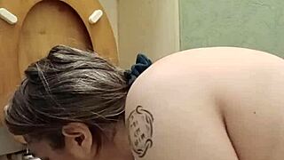 french milf maid in bondage licks toilet during public humiliation session