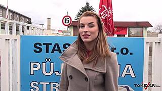 Blond Secretary with Skinny Body and Tight Tits Fucks Stranger in Car Outdoor