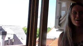 Sexy Young 18+ Sarah Squirting and Masturbating on Balcony with Glass Dildo in Outdoor POV Scene