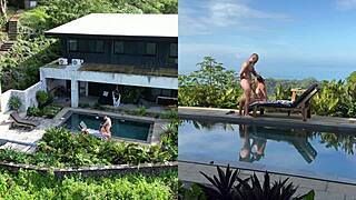 Amateur Couple Enjoys Bent Over Doggystyle Sex and Facial Cumshot by Outdoor Pool