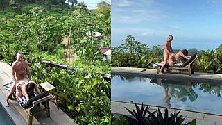 Amateur Couple Enjoys Bent Over Doggystyle Sex and Facial Cumshot by Outdoor Pool