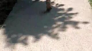 Milf flashes ass nude in public street exposure. Naked outdoor daring