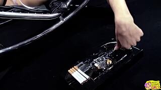 Blonde and Brunette Girlfriends in Heels and Stockings Finger and Dildo Pussy on Leather Sofa