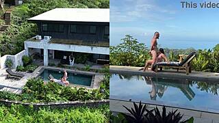 Amateur Couple Enjoys Bent Over Doggystyle Sex and Facial Cumshot by Outdoor Pool