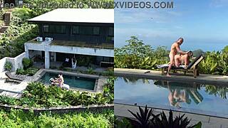 Amateur Couple Enjoys Bent Over Doggystyle Sex and Facial Cumshot by Outdoor Pool