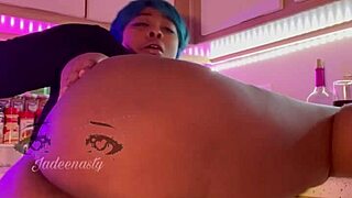 Ebony Ms Bulma Briefs Strips and Squirts in Kitchen Show