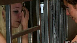 blonde lesbians in live show tormenting with bondage and rough play