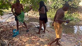 Ebony babe bends over for doggystyle fuck with two guys from river to mountain top