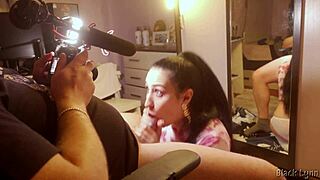 Behind the scenes, stunning cocksucker Black Lynn vapes while delivering an epic blowjob and handjob