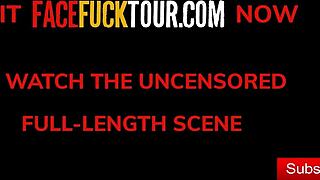 The slutty redhead college babe gets her throat roughly fucked by a big cock stud.