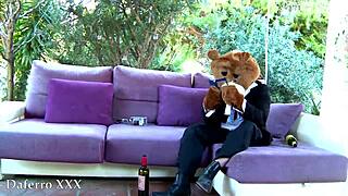 Whoa, this hot petite 18+ Latina babe with perfect body is fucking that pervert teddy bear hard.