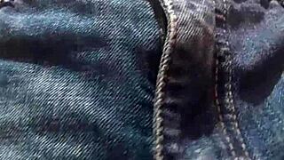 Young petite teen with small tits walks streets in shorts without panties revealing hairy wet pussy