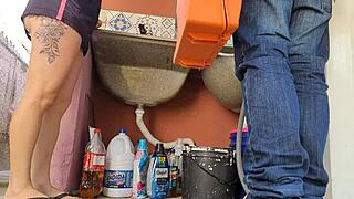 married housewife pays washing machine tech with her ass while husband is away in intriguing contrast