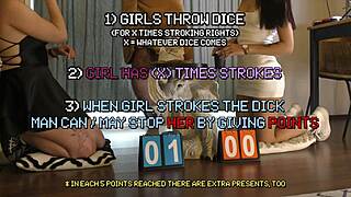 two hot girls give double handjob to big cock guy in dice game
