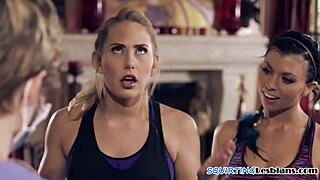 squirting lesbians in yoga session finger each other deeply until eruption